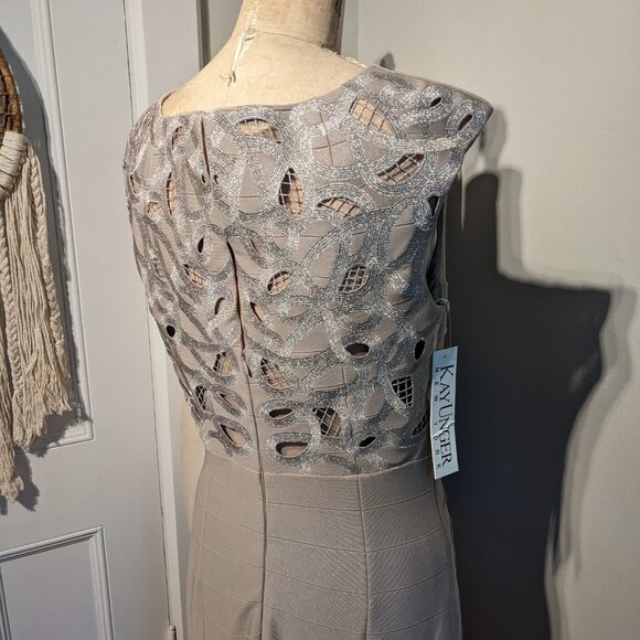 NWT Kay Unger 12 Bandage Stretch Lace Back Long Dress Mother Bride Formal Beige - Picture 7 of 8